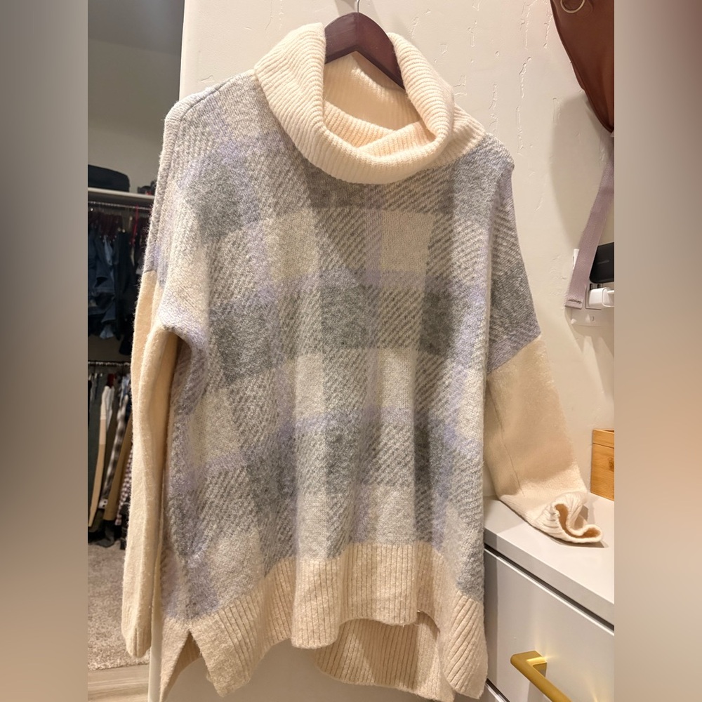 Plaid Cowl Neck Sweater - Cream, Purple, and Gray.
